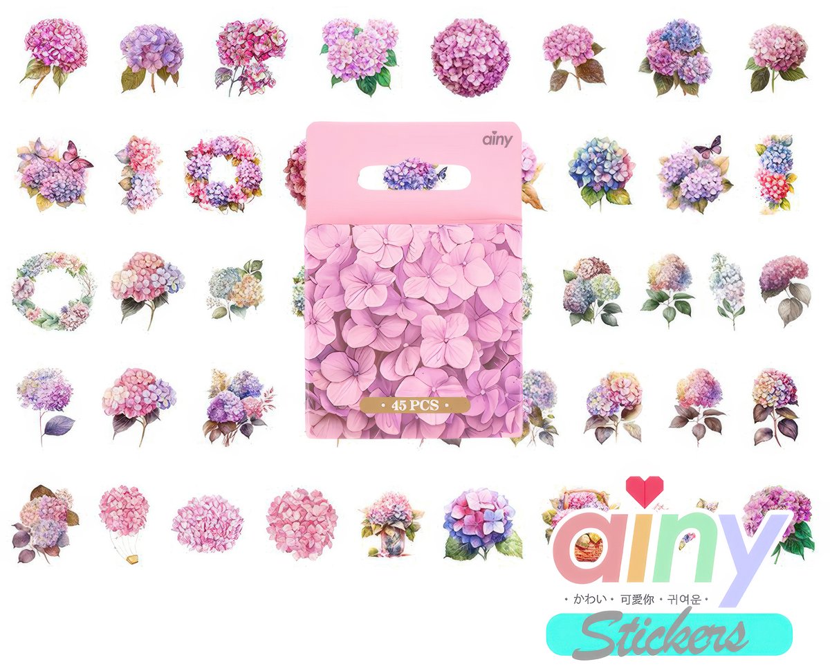 Ainy Hortensia Droom Bloemen PET Stickers 45 stuks | Luxe & Elegant | Geschikt voor bullet journal, fotoalbum, wenskaarten, laptop, telefoon, waterfles, muursticker, geschenksticker, skateboard of graffiti sticker | Kinderen & Volwassen